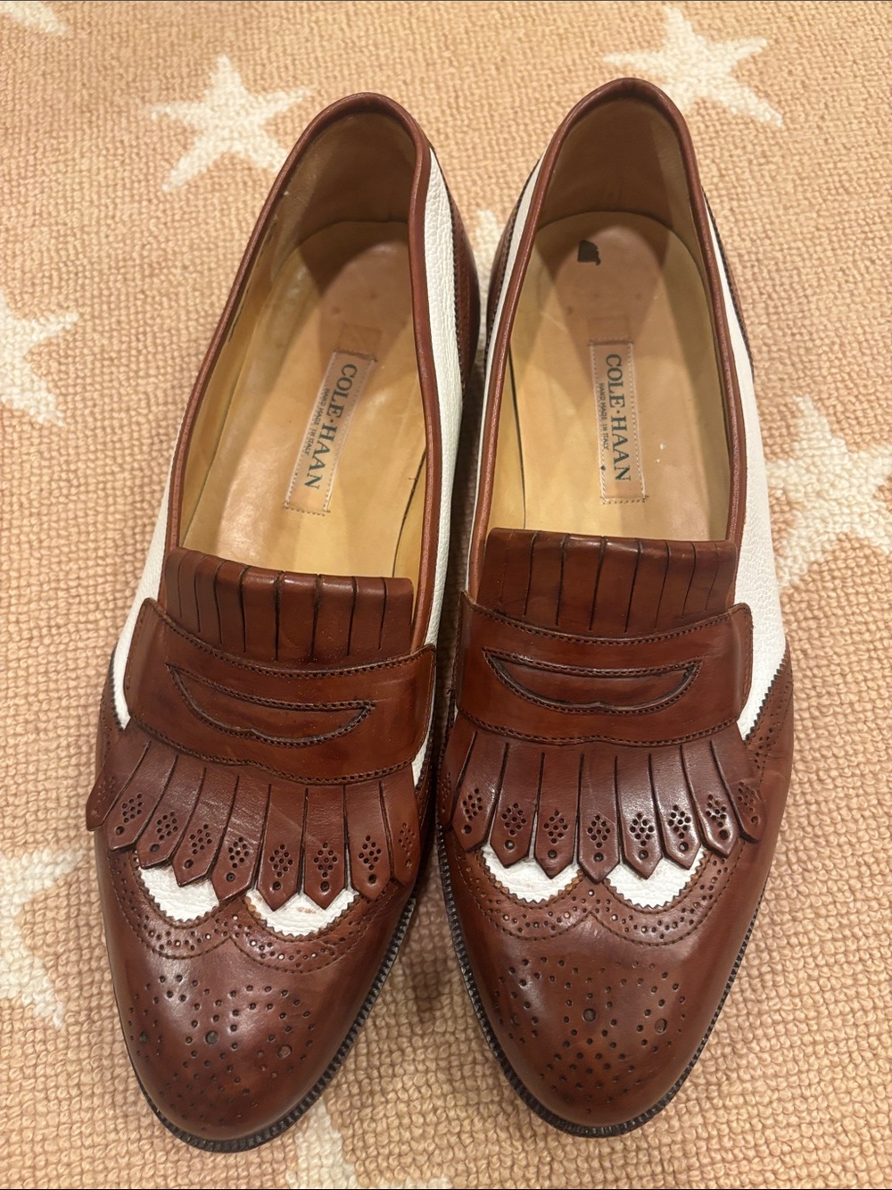 Vintage Cole Haan Brown and White Leather Kiltie Penny Loafers
